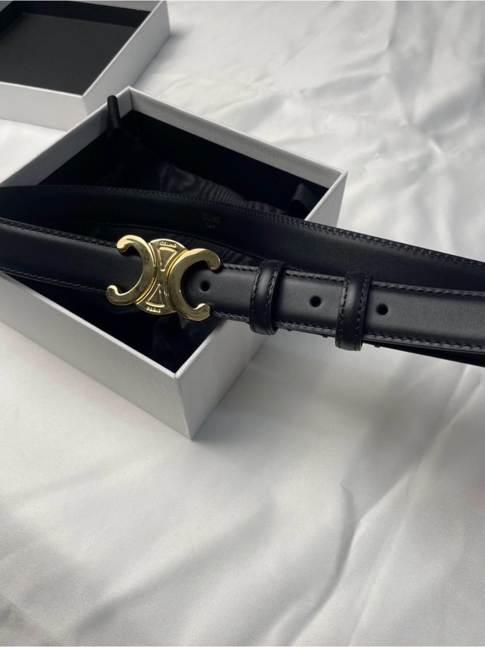 Celine Black Leather Belt with Gold Triomphe Buckle